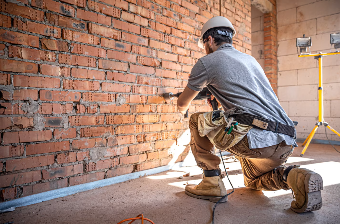 Constructor perforando pared con taladro